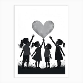 Silhouette Of Children Holding A Heart Art Print