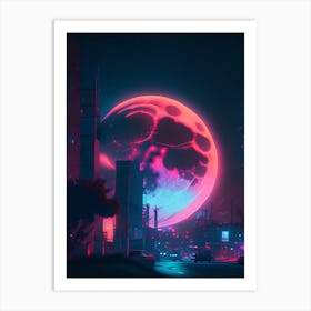 Full Moon Neon Nights Space Art Print