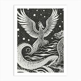 Phoenix And Dragon Linocut Art Print