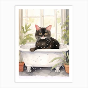 Black Cat In Bathtub Botanical Bathroom 2 Art Print