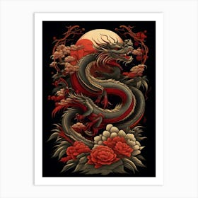 Chinese Dragon And Roses 1 Art Print