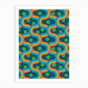 KYOTO Japanese Retro Wavy Geometric Stripes and Flowers in Rainbow Palette on Teal Checkerboard Art Print