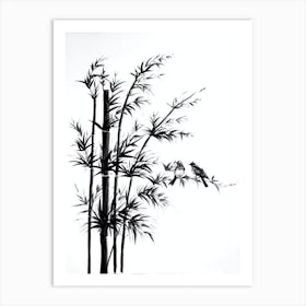 black and white art bamboo tree and bird Art Print