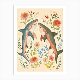 Folksy Floral Animal Drawing Shark Art Print