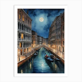 Venice At Night A Gondola's Journey Under the Rialto Art Print