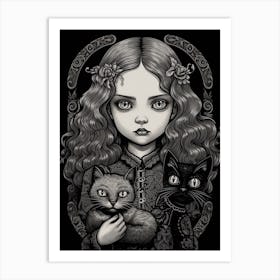 Wednesday Addams And A Cat Line Art Noveau 6 Fan Art Art Print