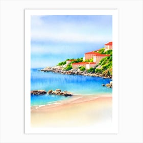 Sveti Stefan Beach, Montenegro Watercolour Art Print