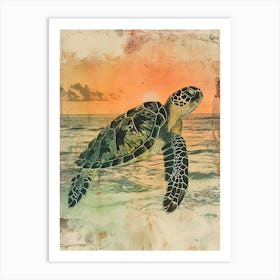Vintage Sea Turtle At Sunset Painting 2 Art Print