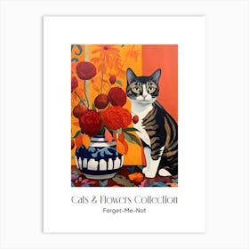 Cats & Flowers Collection Forget Me Not Flower Vase And A Cat, A Painting In The Style Of Matisse 1 Art Print