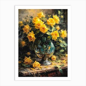 Vase of Yellow Roses | Dark Cottagecore Gloomy Beautiful Oil Painting Art Print