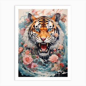 Tiger With Roses 1 Art Print