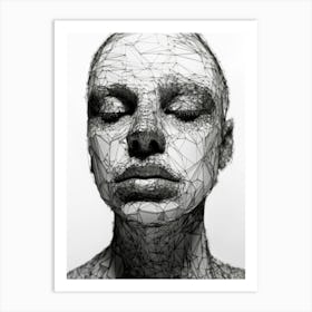 Wireframe Woman Portrait. Black and White Abstract Art Print