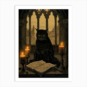 A Spooky Black Cat Reading A Book With Candles Art Print