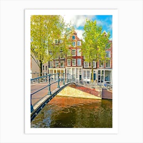 Canal Houses And Bridge In Amsterdam Art Print