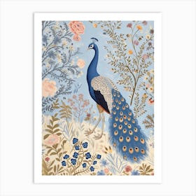 Floral Sky Blue Peacock In The Grass Art Print