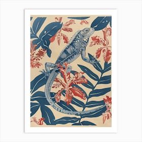 Blue Iguana In The Leaves Block Print Art Print