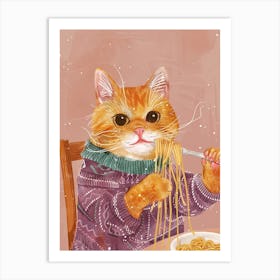 Brown White Cat Eating Pasta Folk Illustration 4 Art Print