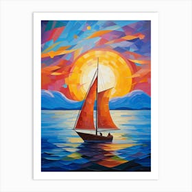 Sailing Boat at Sunset IV, Vibrant Colorful Painting in Cubism Picasso Style Art Print