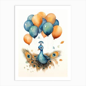 Peacock Flying With Autumn Fall Pumpkins And Balloons Watercolour Nursery 2 Art Print
