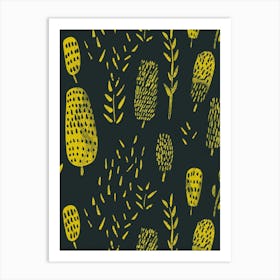 Yellow Leaves On Black Background Art Print