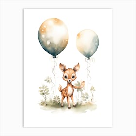 Baby Deer Flying With Ballons, Watercolour Nursery Art 4 Art Print