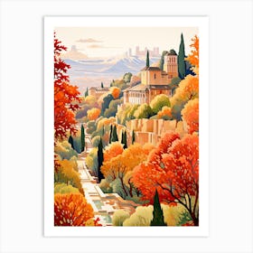 Gardens Of Alhambra, Spain In Autumn Fall Illustration 3 Art Print