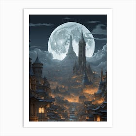 Fantastical cityscape where mythical creatures coexist with futuristic elements Art Print