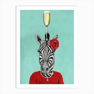 Zebra With Champagne Glass Green & Red Art Print