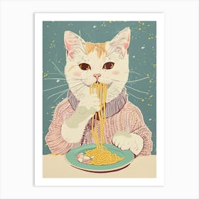 White And Tan Cat Pasta Lover Folk Illustration 1 Art Print