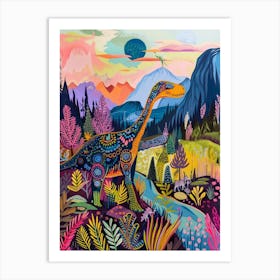 Colourful Dinosaur Pattern Drawing In The Mountains 2 Art Print