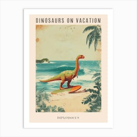 Vintage Diplodocus Dinosaur On A Surf Board 3 Poster Art Print