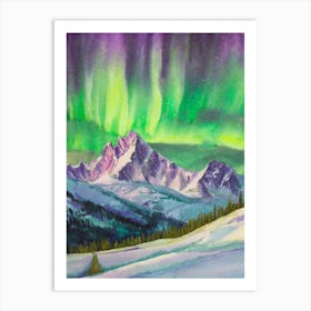 Aurora Borealis Over A Snowy Mountain Range Art Print