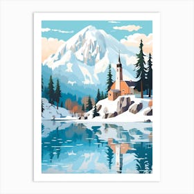 Retro Winter Illustration Lake Bled Slovenia 2 Art Print