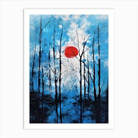 Red Moon Rising - Blue Sky Black Trees With Red Moon Art Print