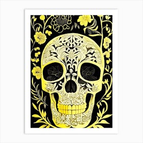 Skull With Floral Patterns Yellow Linocut Art Print