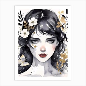 Selective Colour Portrait Of A Beautiful Girl With Flowers Art Print