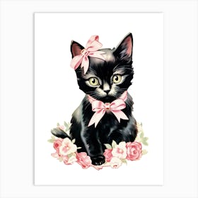 Vintage Cat  Pink Flowers Kitsch Art Print