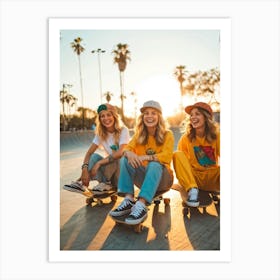 A Joyous Group Of Three Caucasian Female Skateboarders Hipster In Style Smiling Radiantly Sitting (5) Art Print