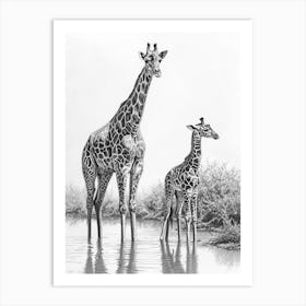Giraffe & Calf Pencil Portrait  2 Art Print