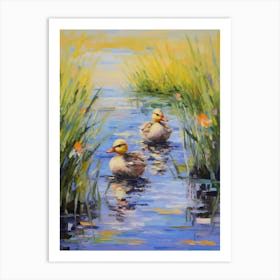 Ducklings Swimming In The River Impressionism 4 Art Print