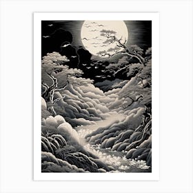 Aso Kuju National Park In Kumamoto, Ukiyo E Black And White Line Art Drawing 2 Art Print