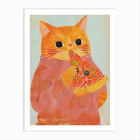 Happy Orange Cat Pizza Lover Folk Illustration 1 Art Print