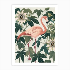 American Flamingo And Passionflowers Minimalist Illustration 1 Art Print