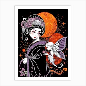 Geisha And Fairy Elf - Color Illustration Art Print