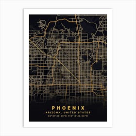 Phoenix Arizona Usa Black And Gold Map Art Print