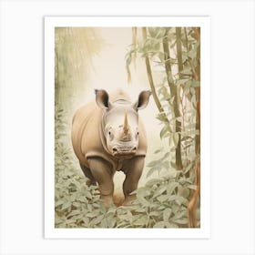 Vintage Illustration Of A Rhino Walking Through The Jungle 3 Art Print