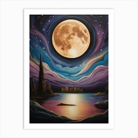 Full Moon Over Lake Watercolor Art Print