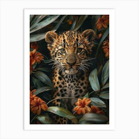 A Happy Front faced Leopard Cub In Tropical Flowers 8 Art Print