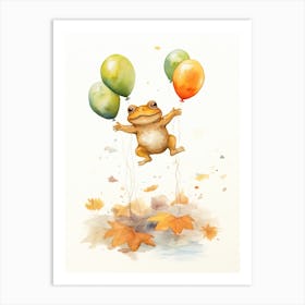 Frog Flying With Autumn Fall Pumpkins And Balloons Watercolour Nursery 4 Art Print