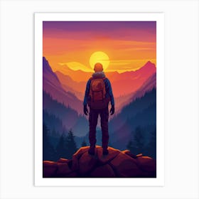 Hiker At Sunset Art Print